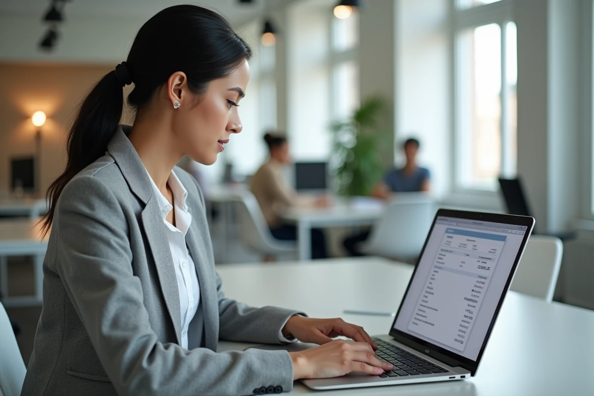 Employée consultant son bulletin de paie électronique sur un ordinateur portable dans un bureau moderne