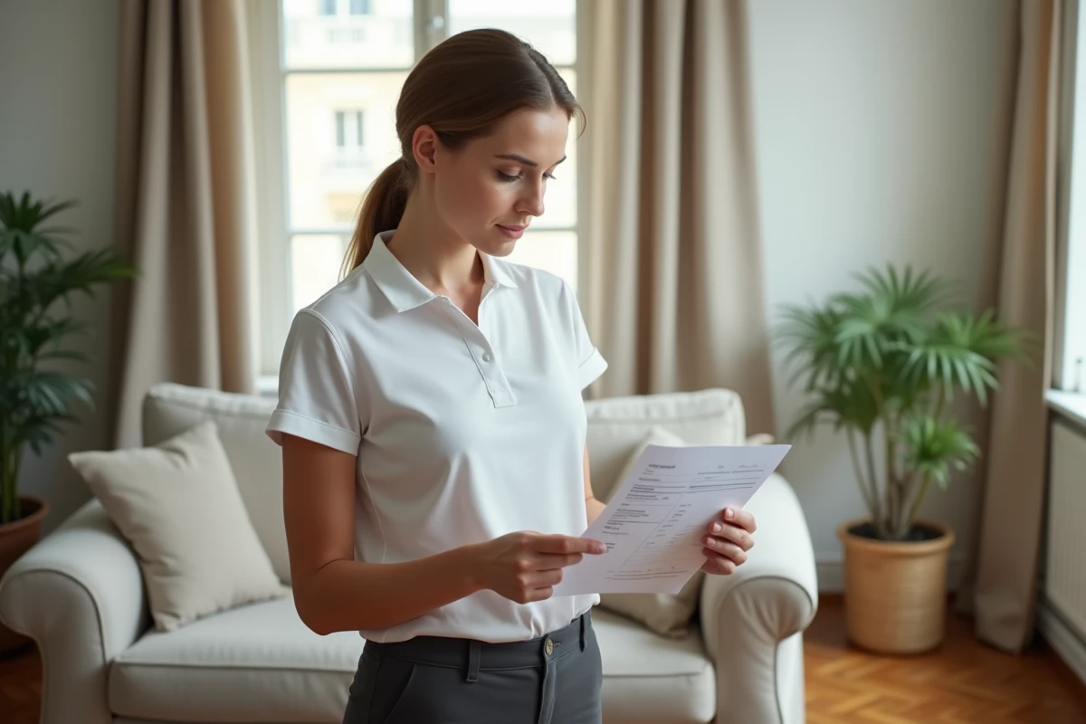 Employée de services à la personne consultant son bulletin de salaire et contrat lié à la déclaration URSSAF