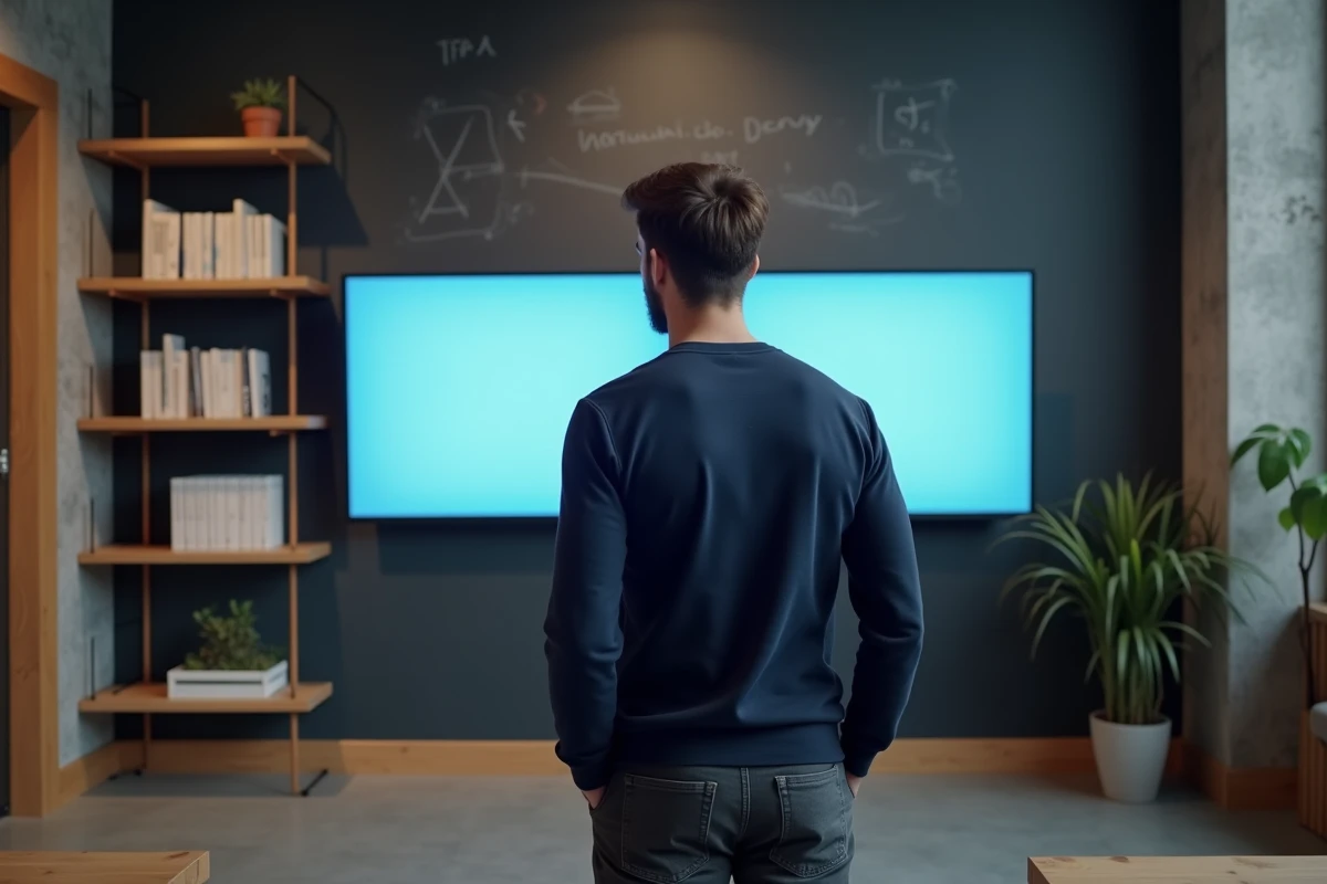 Entrepreneur comparant un site corporate classique et une plateforme d'annuaire professionnel comme Business-Focus.fr sur un grand écran dans un espace de coworking