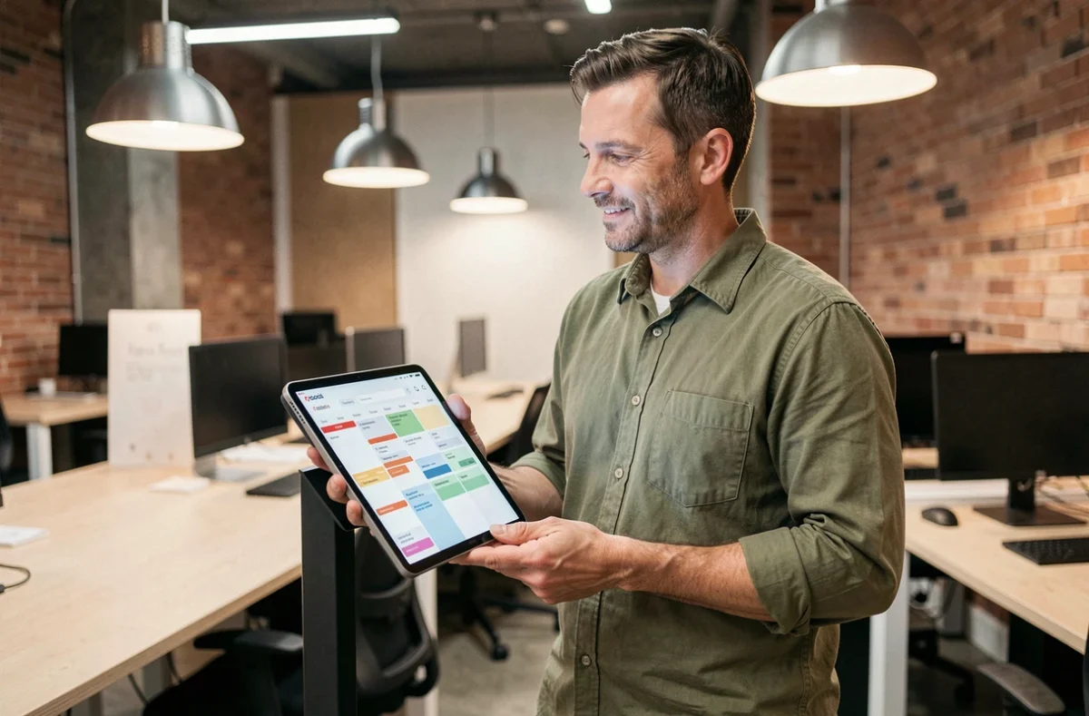 Entrepreneur dans un espace de coworking consultant un agenda numérique partagé sur tablette