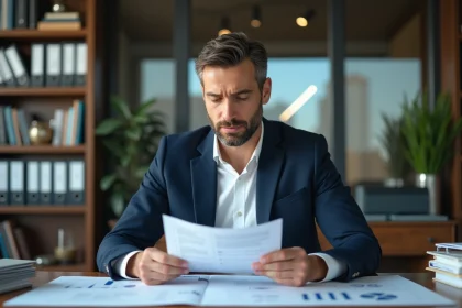 Entrepreneur consultant examinant des documents financiers et la fiche société d'une entreprise dans un bureau professionnel