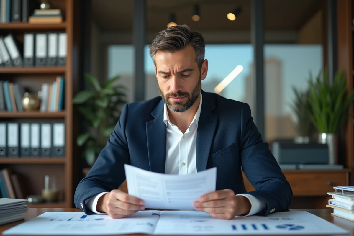 Entrepreneur consultant examinant des documents financiers et la fiche société d'une entreprise dans un bureau professionnel