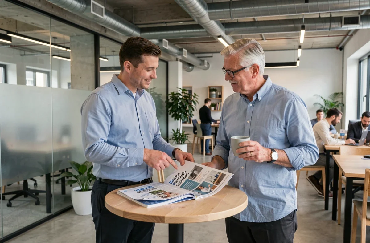 Deux entrepreneurs TPE discutant du magazine professionnel B2B comme outil de communication dans un espace de coworking