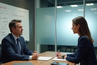 Entretien disciplinaire entre un responsable RH et une employée dans une salle de réunion d'entreprise, illustrant une procédure de faute grave au travail