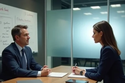 Entretien disciplinaire entre un responsable RH et une employée dans une salle de réunion d'entreprise, illustrant une procédure de faute grave au travail