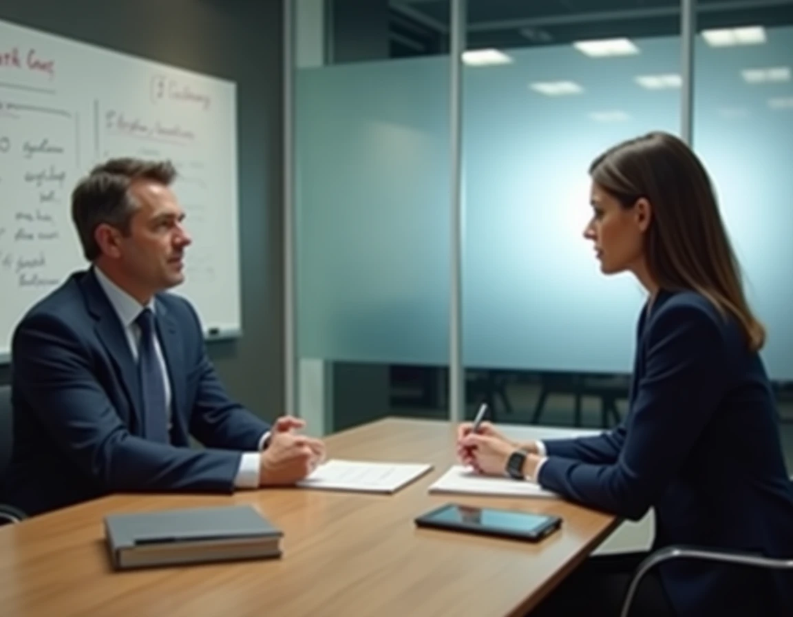 Entretien disciplinaire entre un responsable RH et une employée dans une salle de réunion d'entreprise, illustrant une procédure de faute grave au travail