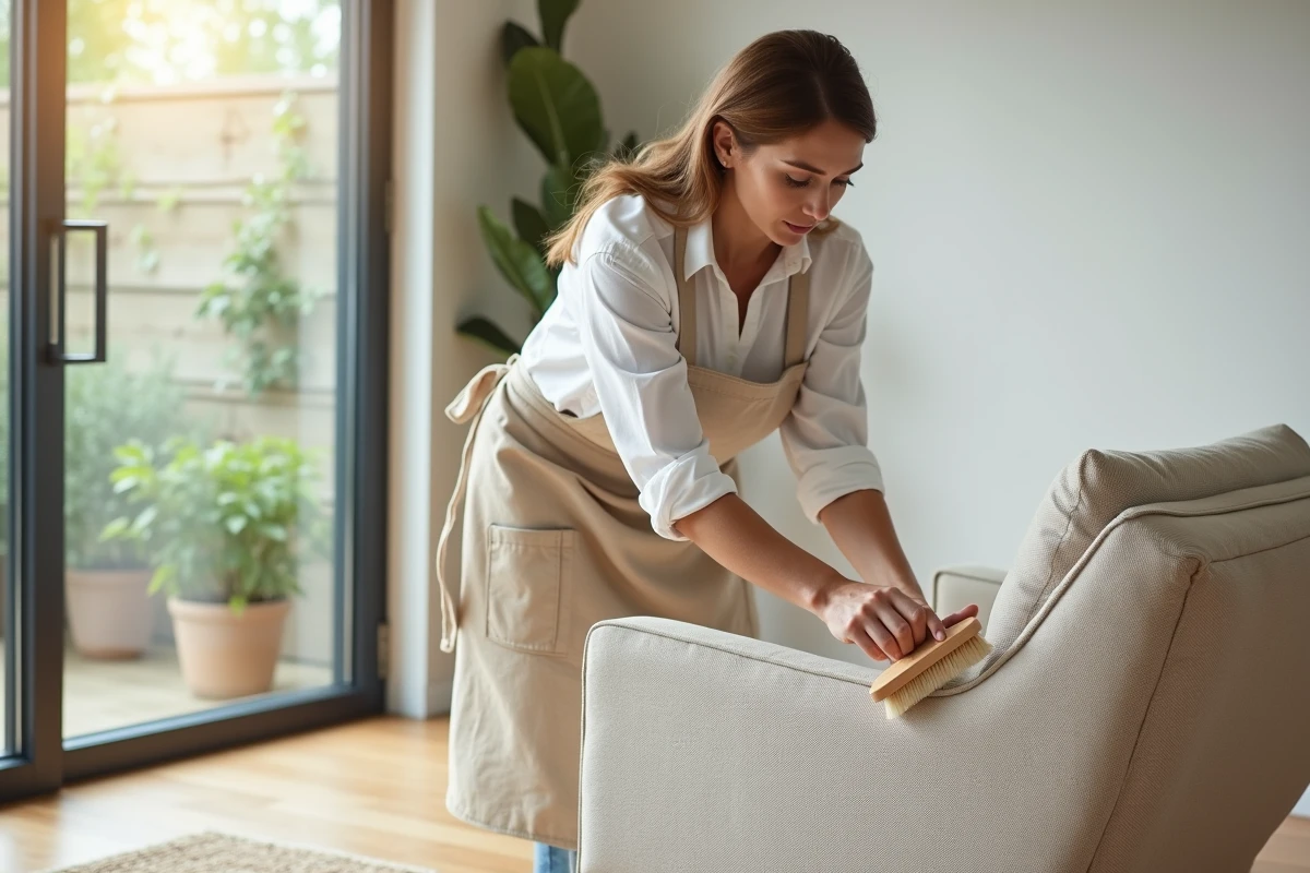 Femme entretenant un fauteuil tapissé en tissu bouclé avec une brosse douce dans un salon scandinave
