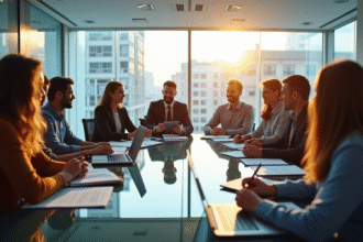 équipe d'affaires confiante autour d'une table moderne