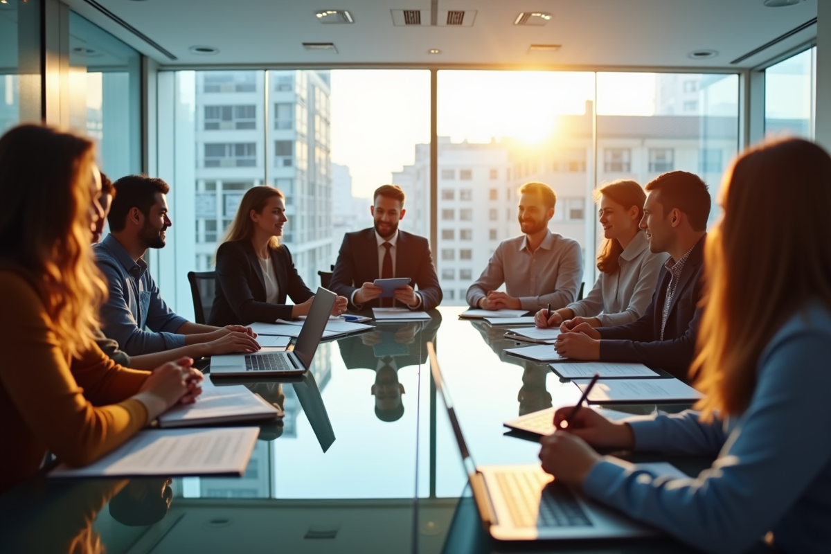 équipe d'affaires confiante autour d'une table moderne