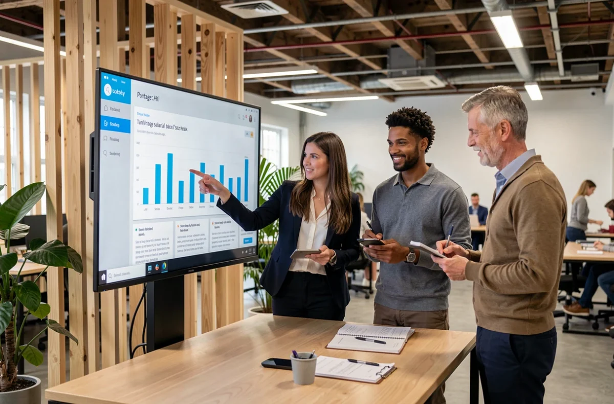 Équipe de professionnels étudiant un tableau de bord d'avis clients pour choisir une société de portage salarial