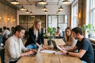 Équipe de professionnels collaborant dans un espace de coworking moderne avec tables en bois et murs en briques apparentes