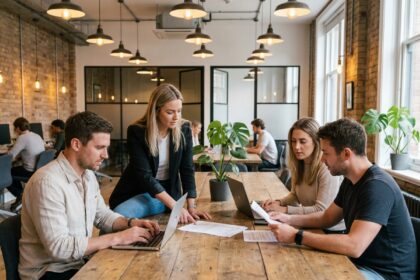 Équipe de professionnels collaborant dans un espace de coworking moderne avec tables en bois et murs en briques apparentes