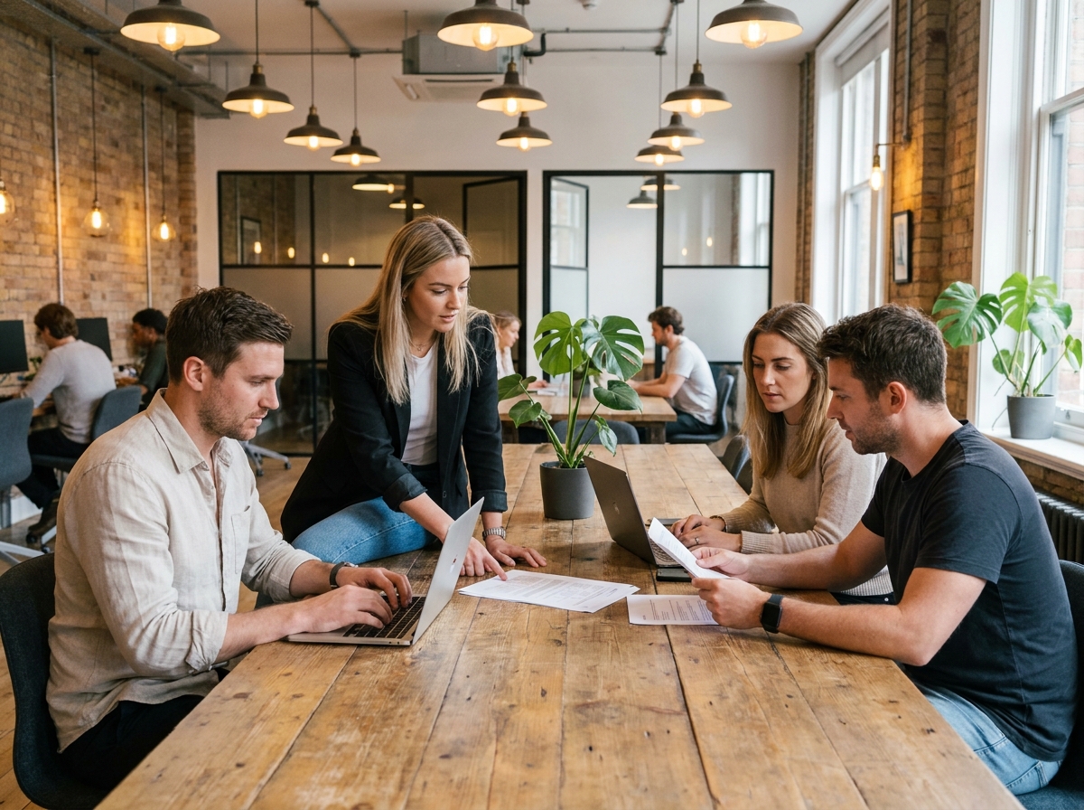 Équipe de professionnels collaborant dans un espace de coworking moderne avec tables en bois et murs en briques apparentes