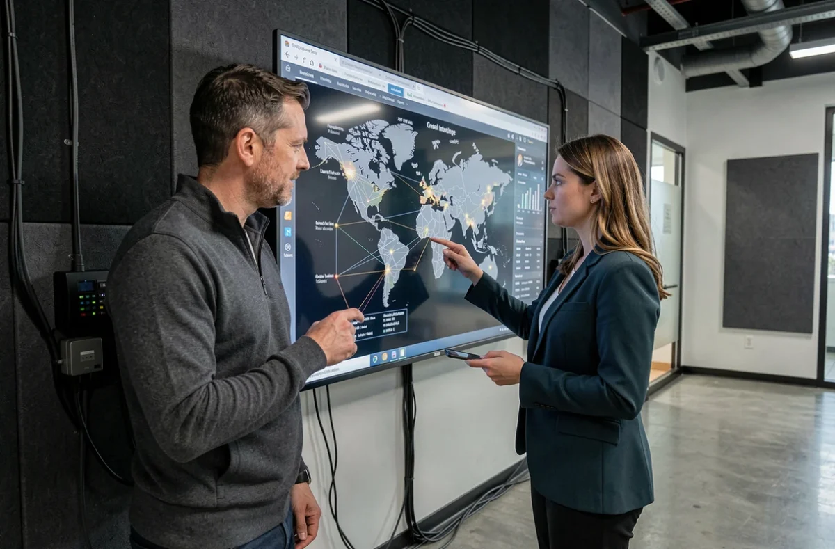 Deux experts en cybersécurité analysant une carte de menaces numériques sur un grand écran tactile dans un centre opérationnel