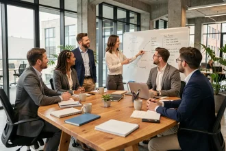 Équipe de professionnels réunis autour d'une table de réunion lors d'une session de leadership collaboratif en entreprise