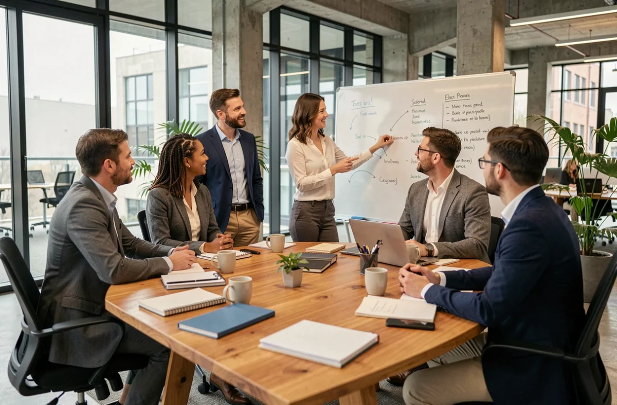 Équipe de professionnels réunis autour d'une table de réunion lors d'une session de leadership collaboratif en entreprise