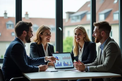 Groupe de professionnels à Lyon discutant de graphiques et analytics