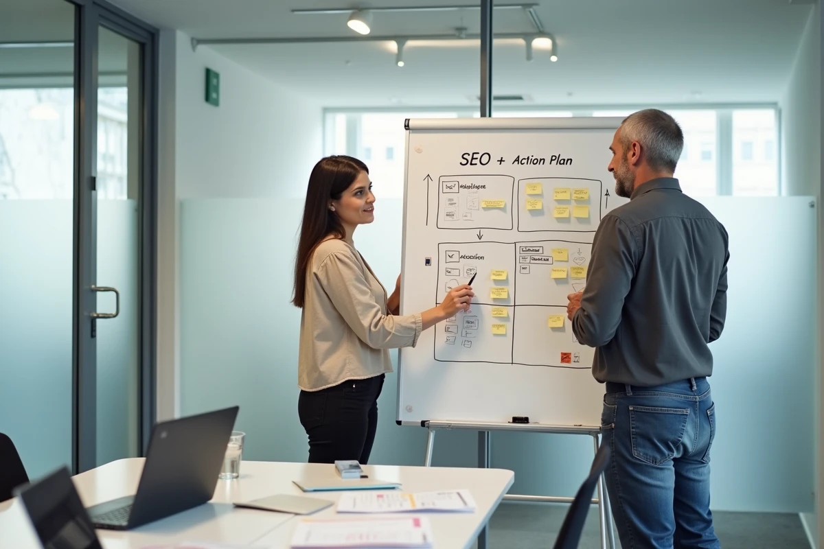 Deux professionnels du marketing élaborant un plan d'action SEO sur un tableau blanc en salle de réunion