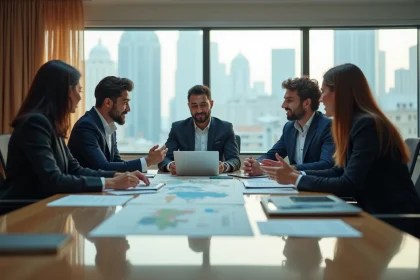 Équipe multiculturelle EMEA en réunion de travail autour d'une table de conférence dans un bureau moderne