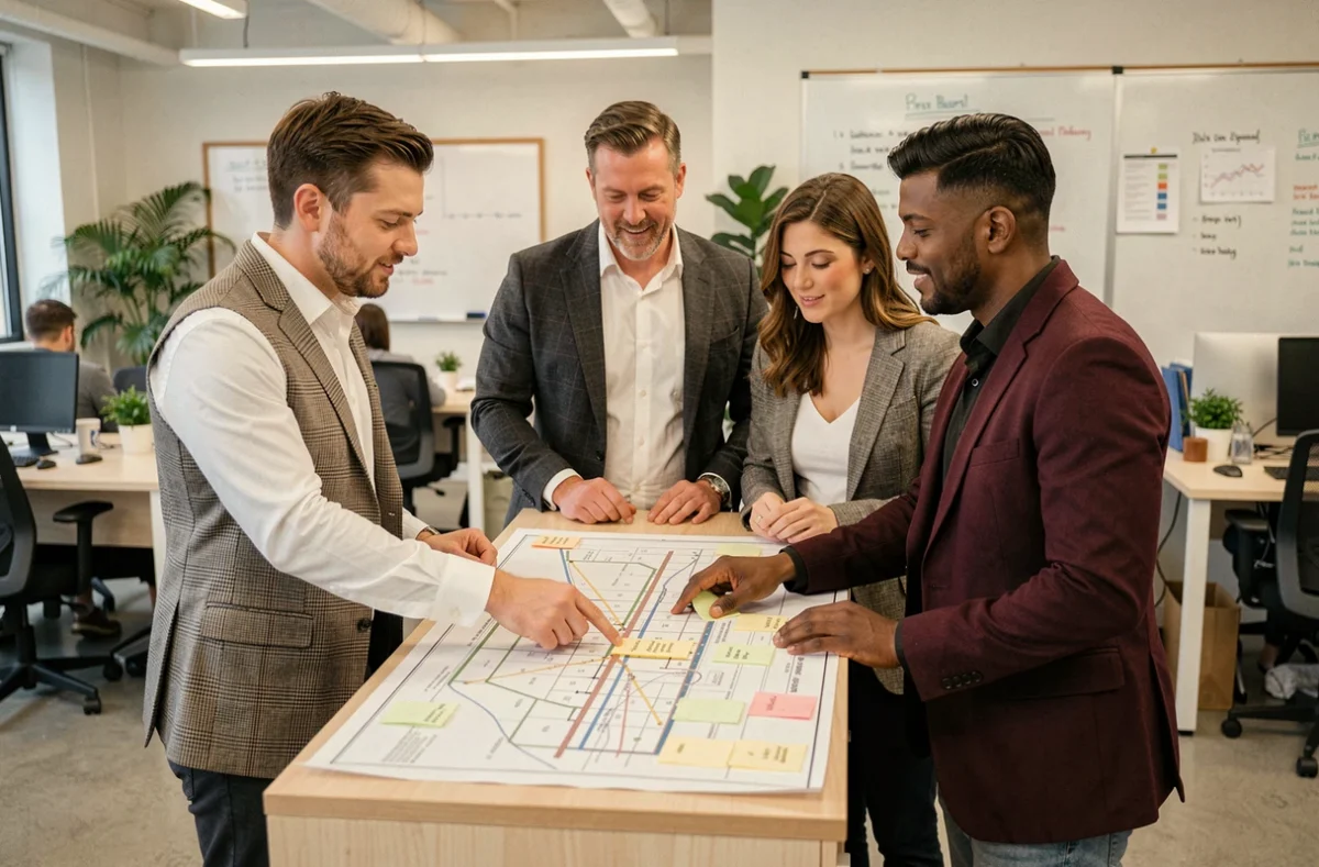 Équipe d'une PME immobilière collaborant autour d'une feuille de route stratégique dans un espace de travail moderne