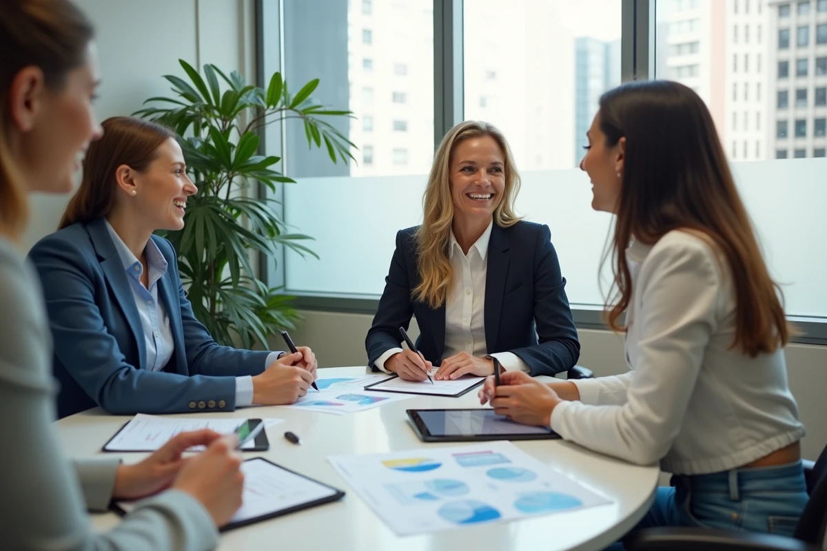 Équipe professionnelle réunie autour d'une table de réunion pour analyser la pertinence d'une plateforme de référencement corporate comme Business-Focus.fr face à un site web d'entreprise traditionnel