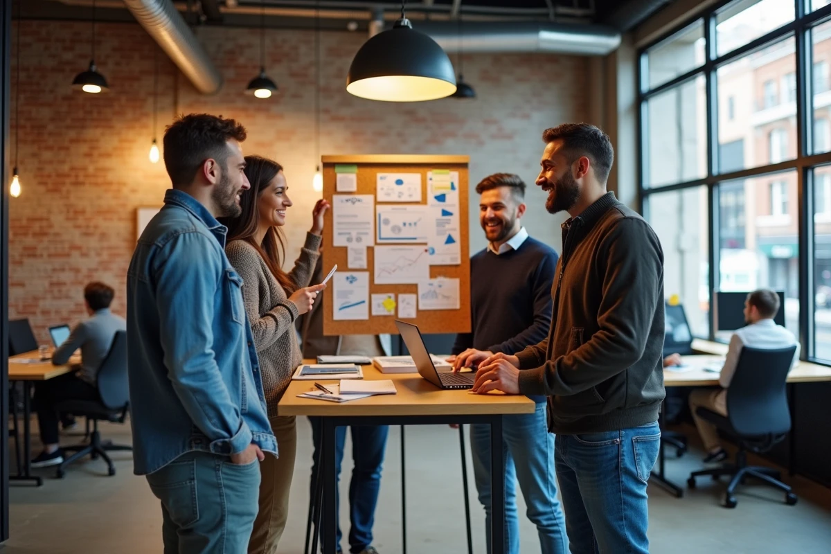 Équipe de jeunes entrepreneurs en espace de co-working discutant de la fiabilité d'un partenaire commercial comme Tomirvibum LTD