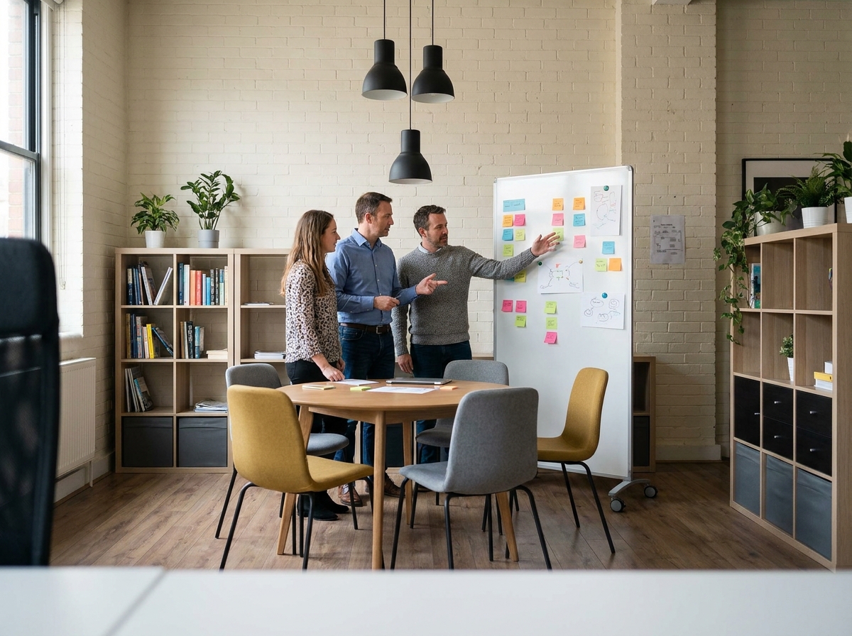 Réunion informelle de collègues dans un espace collaboratif d'open space meublé avec des solutions modulables et peu coûteuses