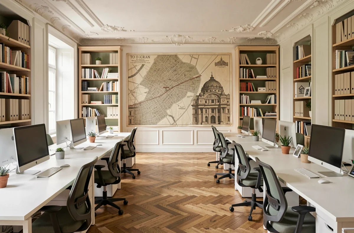 Vue grand angle d'un espace de coworking vide et élégant près de l'Opéra de Paris avec parquet en chêne et décoration haussmannienne