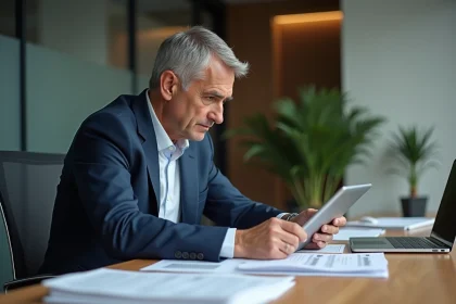 Homme executif en costume bleu examine une tablette dans un bureau moderne