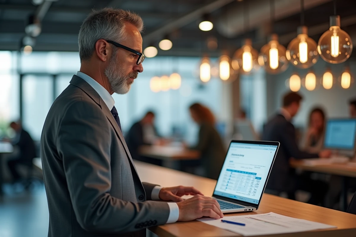 Conseiller juridique ou expert-comptable consultant une fiche société en ligne pour due diligence et vérification d'entreprise