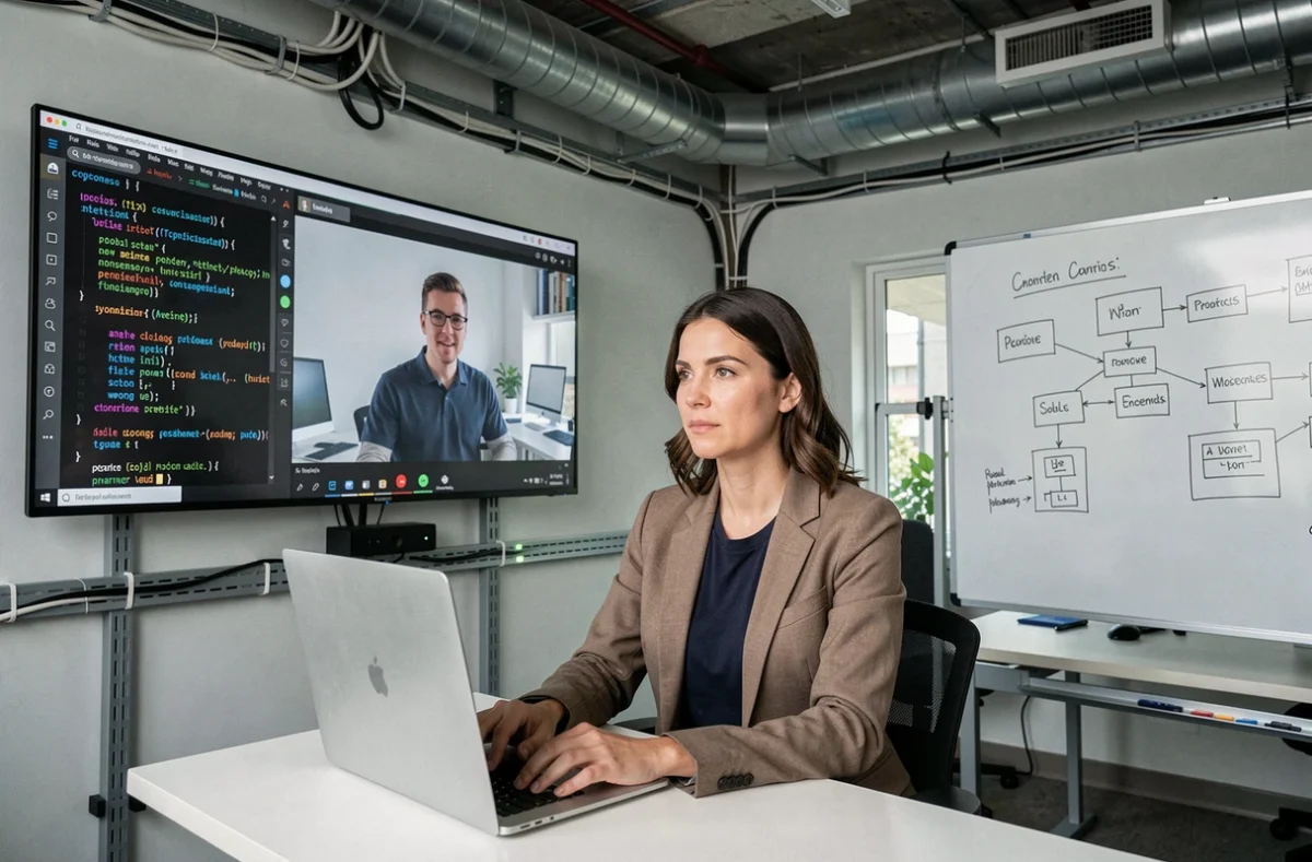 Spécialiste en recrutement tech d'Externatic en visioconférence avec un candidat ingénieur dans un bureau orienté technologie