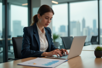 Femme d'affaires analysant des données marketing au bureau