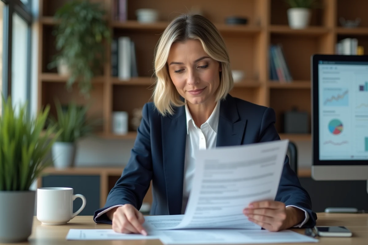Femme d'affaires analysant un contrat pour évaluer le sérieux d'une entreprise partenaire comme Tomirvibum LTD