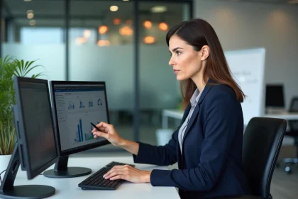 Femme d'affaires analysant un tableau de bord CRM sur ordinateur pour optimiser la gestion commerciale avec Easy Prospect