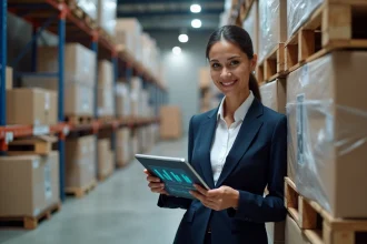 Femme d'affaires en logistique dans un entrepôt parisien