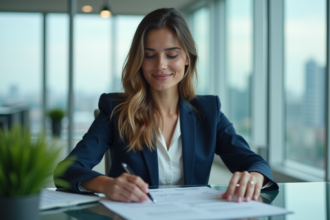 Jeune femme d'affaires en costume dans un bureau moderne