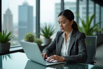 Femme d'affaires consultant un site professionnel de type annuaire corporate sur son ordinateur portable dans un bureau moderne en 2026