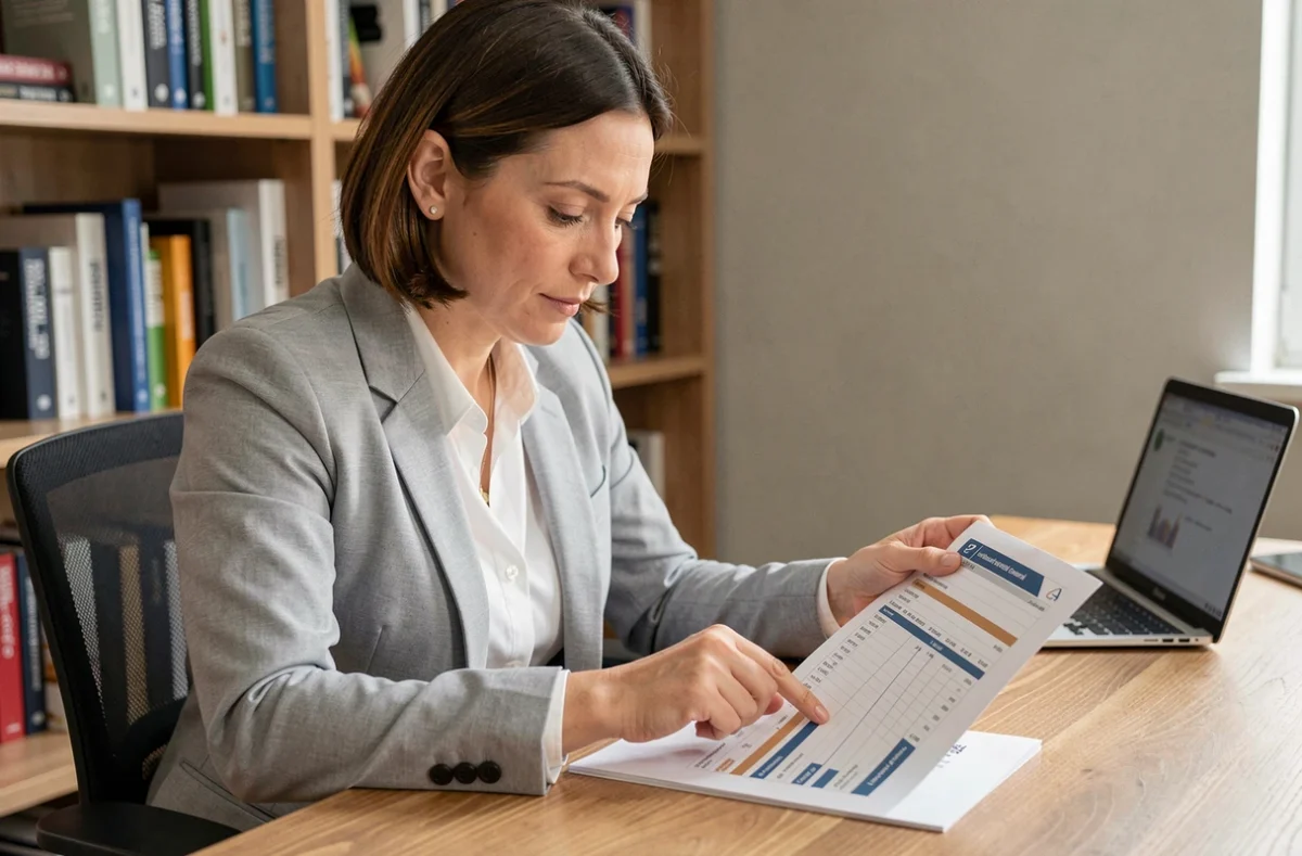Femme d'affaires analysant un guide de prix business sur papier dans un bureau moderne