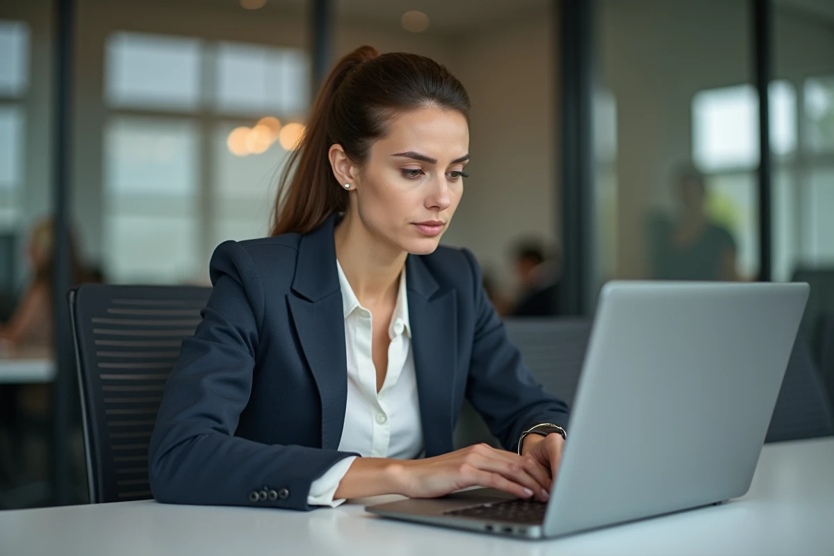 Femme en blazer analysant des données au bureau