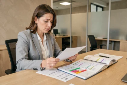 Femme au bureau analysant un bulletin de paie et un planning annuel pour calculer les jours travaillés en régime 35 heures
