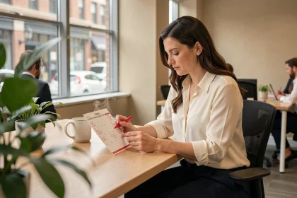 Femme en bureau consultant un calendrier annoté pour gérer ses jours fériés, RTT et congés ouvrables