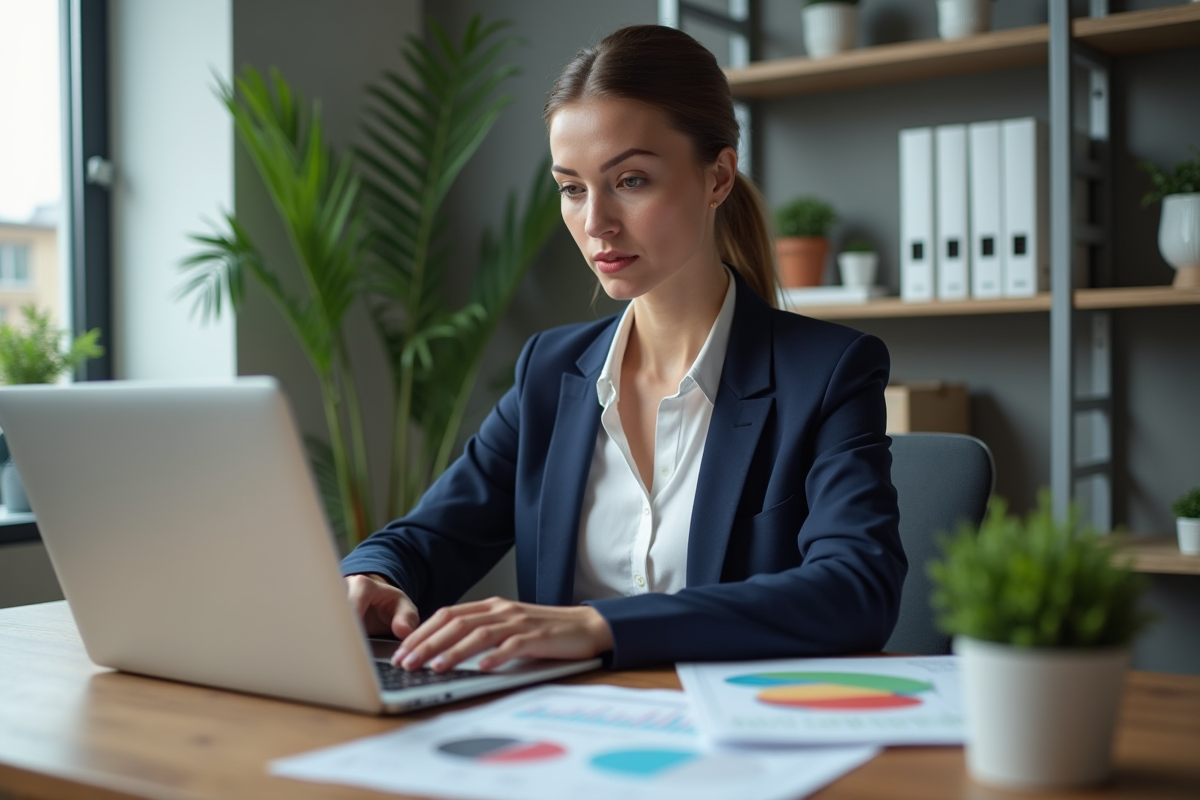 Femme confiante au bureau avec graphiques colorés