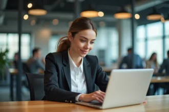 Femme confiante au bureau partageant son espace de travail