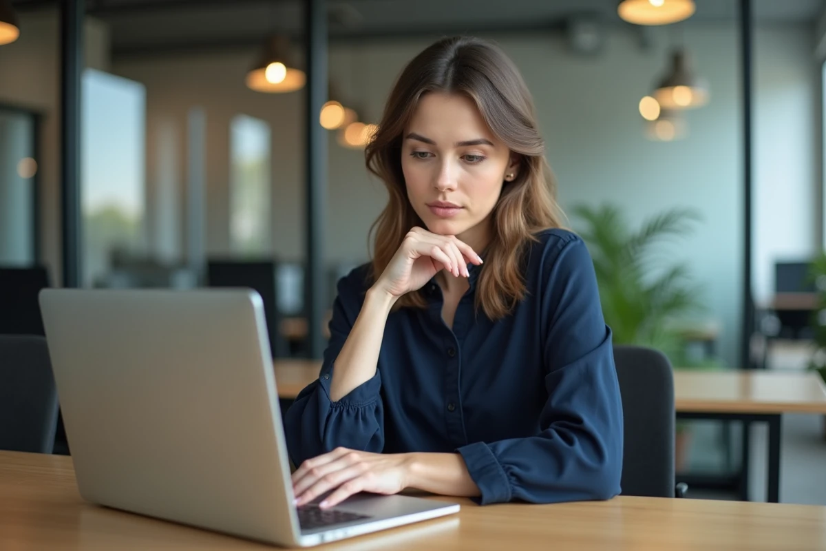 Femme concentrée au bureau moderne avec ordinateur