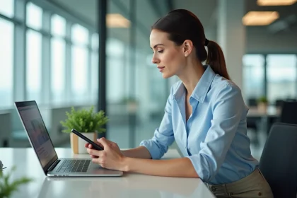 Femme au bureau utilisant un ordinateur et smartphone