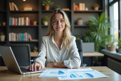 Femme d affaires en réunion avec graphiques logiciels