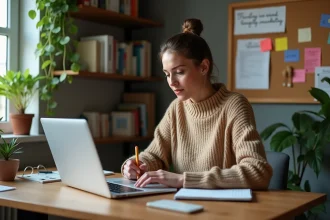Femme concentrée travaillant à son bureau à domicile