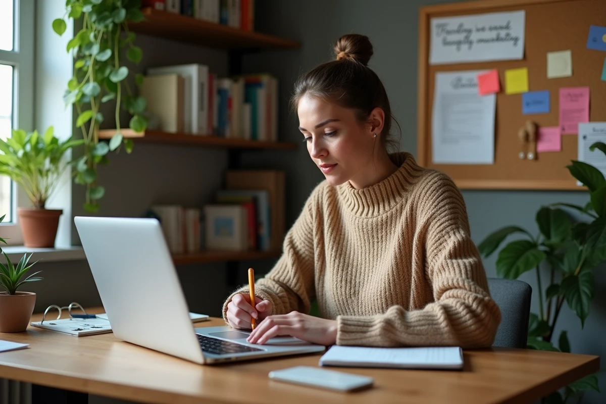 Femme concentrée travaillant à son bureau à domicile