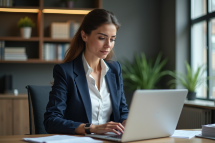 Femme professionnelle au bureau travaillant sur son ordinateur