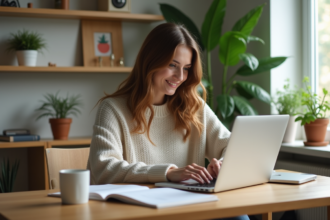 Femme concentrée travaillant sur un ordinateur dans un bureau moderne